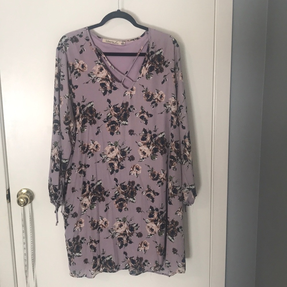 Purple floral dress with crisscross neckline